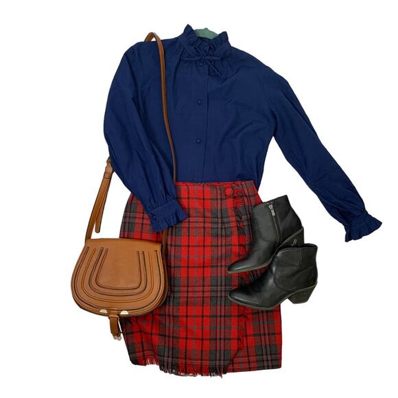 Vintage Forenza Red Blue Tartan Plaid Wrap Wool Skirt, Size 8 - Picture 7 of 7